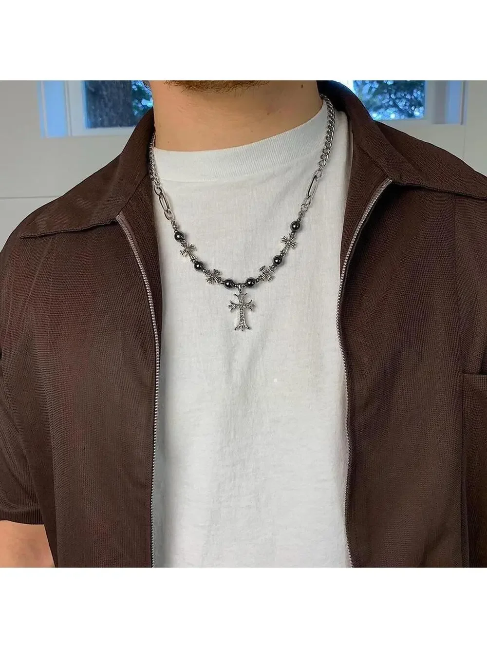 y2k 2000s style grunge chrome pearl rhinestone silver cross pendant Cuban link
